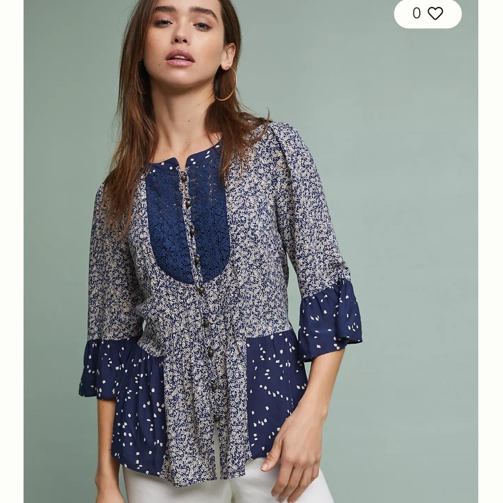 Maeve Anthropologie Navy Mixed-Print Crochet Blouse Polk dots peasant sleeve